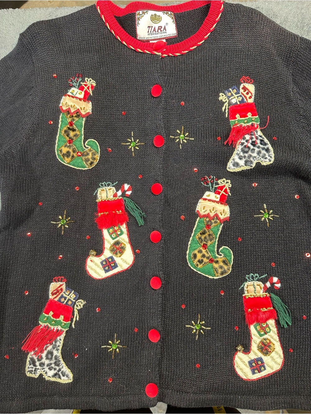 Y2K Tiara International Embroidered Black Christmas Cardigan Sz S